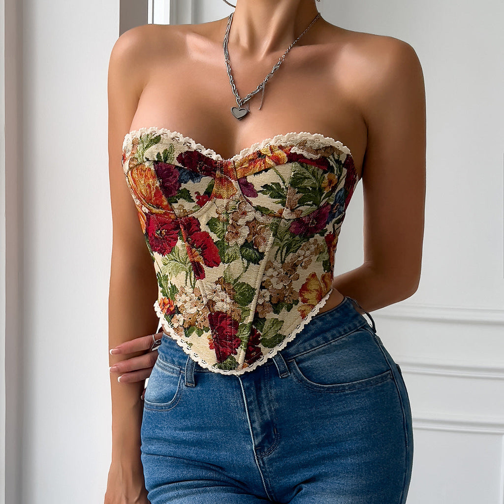 Street Retro Floral Print Corset Flounce Trim Lace Up French Minority Boning Corset Vest
