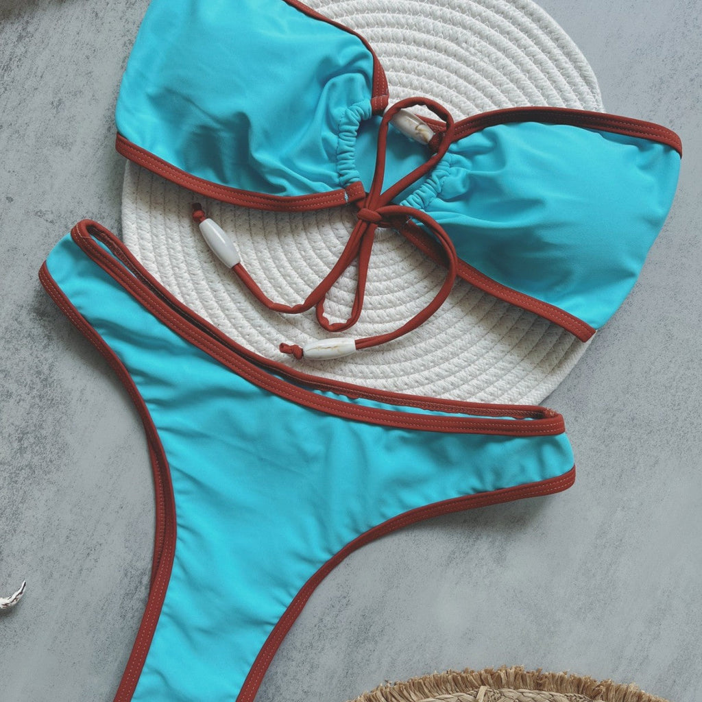 Blue Beads Accessories Solid Color Bikini Sexy Backless Split Swimsuit Nylon Bikini