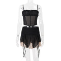 Women Clothing Summer Sexy Mesh Irregular Asymmetric Top Sexy Color Block Skirt Set