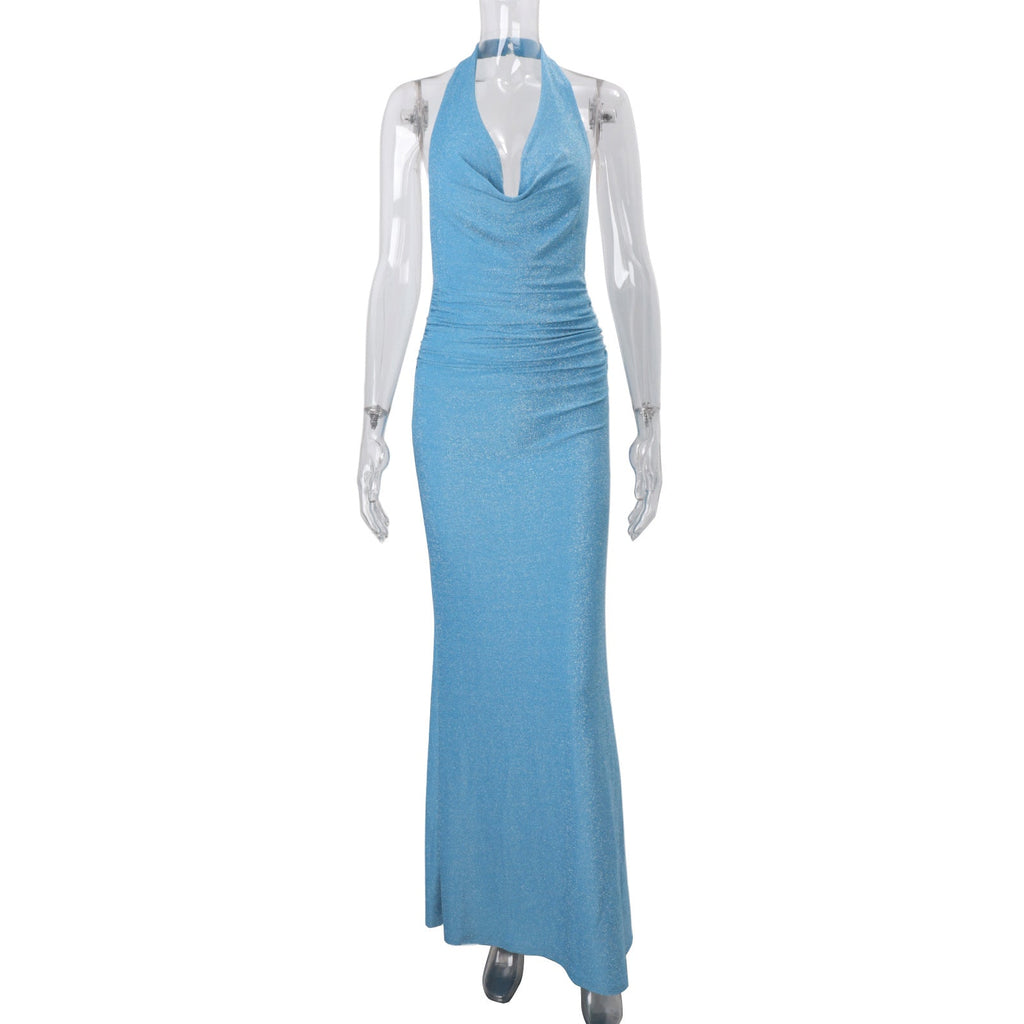 Fall Women Clothing Sexy Backless Halter Swing Collar Solid Color High Waist Slim Hip Long Dress