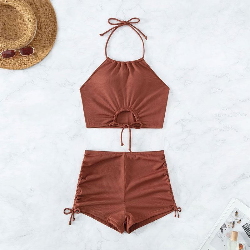Solid Color Sling Split Swimsuit Women Boxer Sports Beach Bikini Swimsuit