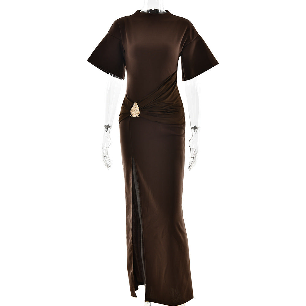 Arrival Pleated round Neck Dress Women Sexy High Split Hip Bag Dress