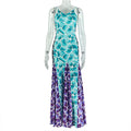 Women Printed Wear Patchwork Waist Slimming A line Dress Casual V neck Swing Maxi Dress