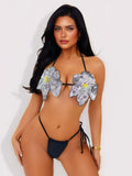 Sequined White Floral Halter Bikini Three Point Split Swimsuit Strap Sexy Swimsuit Women