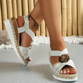 plus Size Metal Buckle Wedge Sandals Women Hemp Rope Elastic Band Platform Beach Slippers