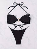 Women Clothing Black Bikini Lace up Halter Swimwear Women