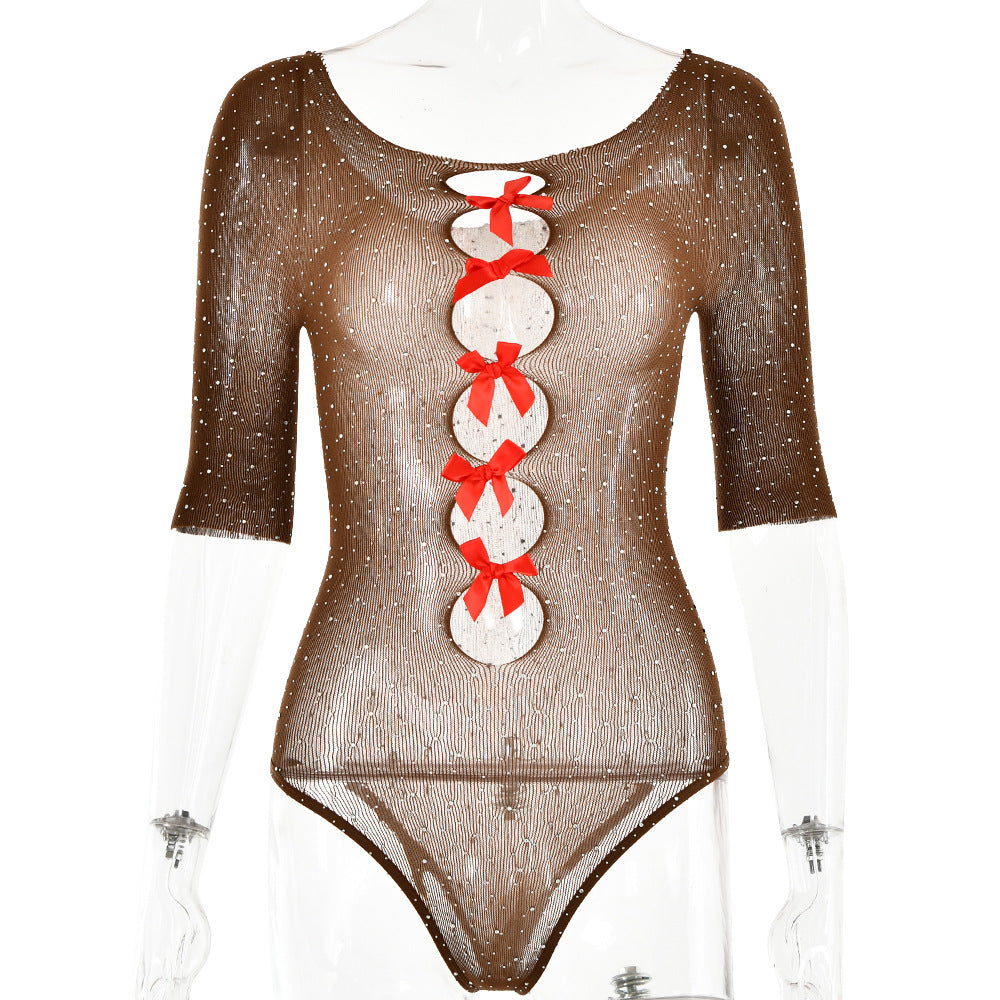 Autumn Sexy High Elastic Knitted See through Bow Hollow Out Cutout Rhinestone Jumpsuit