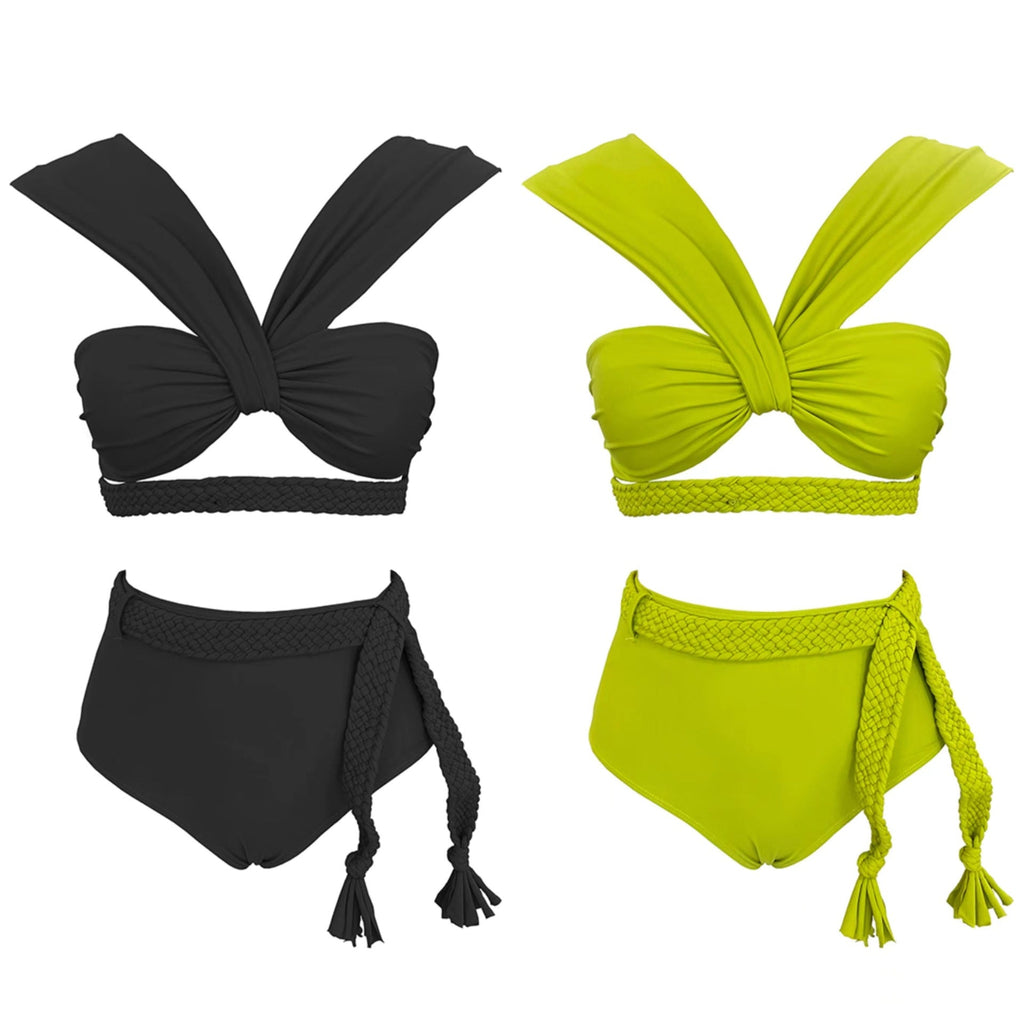 Solid Color Braid Rope High Waist with Straps Bikini Split Swimsuit Women Bikini