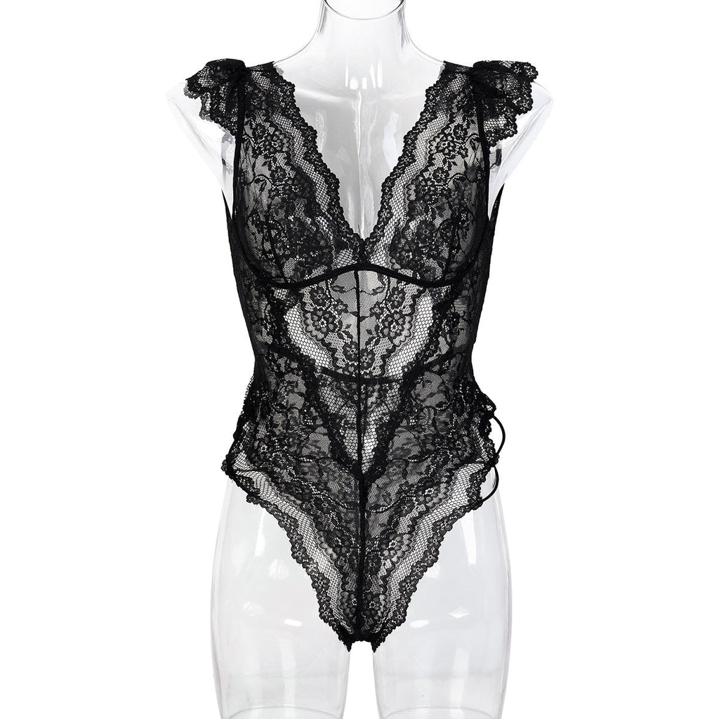 Women Clothes Mysterious Black Lace Deep V Plunge Sexy Hip Tied Jumpsuit