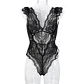Women Clothes Mysterious Black Lace Deep V Plunge Sexy Hip Tied Jumpsuit