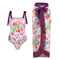 Vintage Printed Swimsuit Conservative Swimsuit Women Polyester Printed Beach Skirt Set