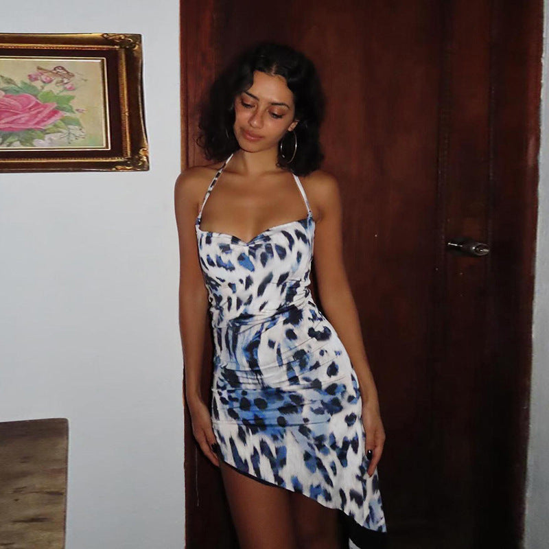 Socialite Elegant Sexy Irregular Asymmetric Leopard Print Halter Dress Women Autumn