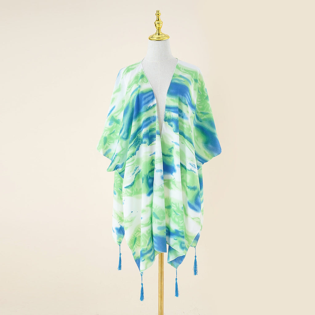 Spring Summer Striped Color Matching Tassel Shawl Beach Sun Protection Sunshade Cardigan Coat