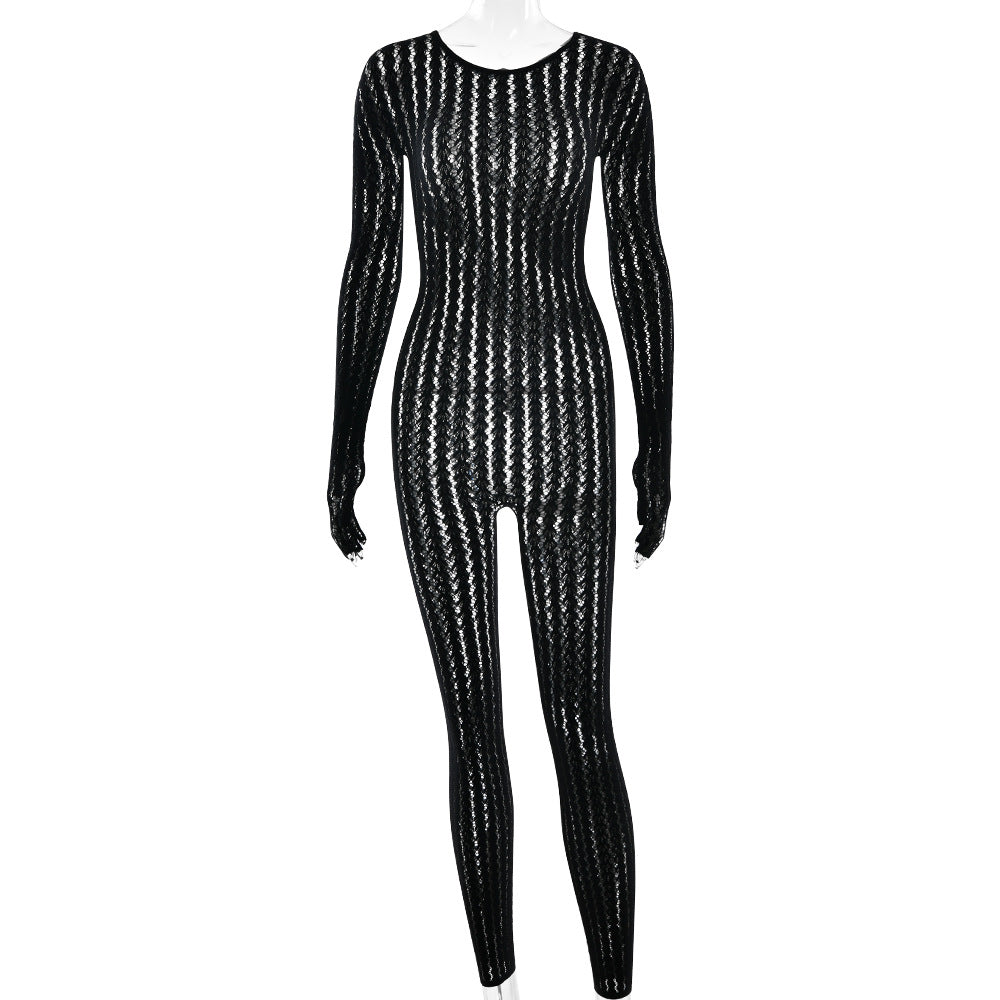 Sexy See through Summer Perspective Jumpsuit Seamless Striped Jacquard One Piece Long Sleeves One Piece Trousers