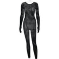 Sexy See through Summer Perspective Jumpsuit Seamless Striped Jacquard One Piece Long Sleeves One Piece Trousers