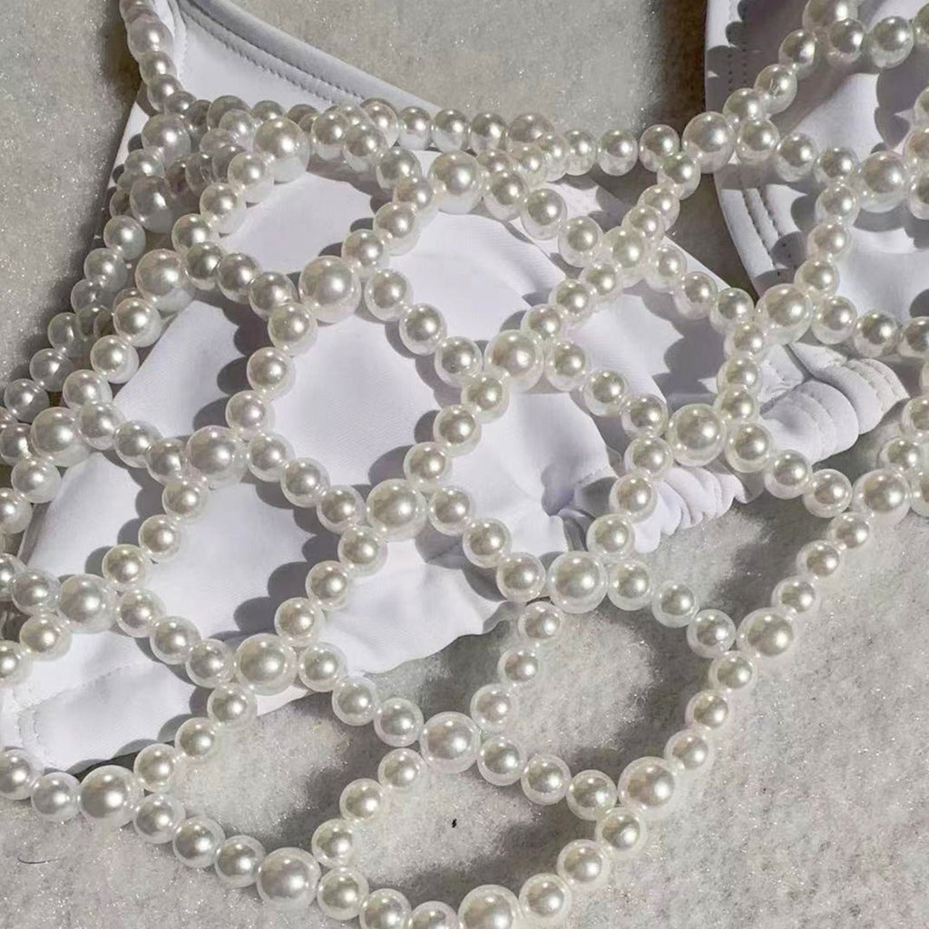 Pearl Chain Tied Swimsuit Women Sexy Bikini Advanced Split Three Piece Set
