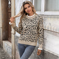 Autumn Winter Trendy Retro Loose Lace Patchwork round Neck Leopard Print Knitted Sweater for Women