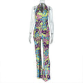 Women Printed Loose Comfortable Fitted Waist Jumpsuit Cross Halterneck Hollow Out Cutout Backless Sexy Jumpsuit