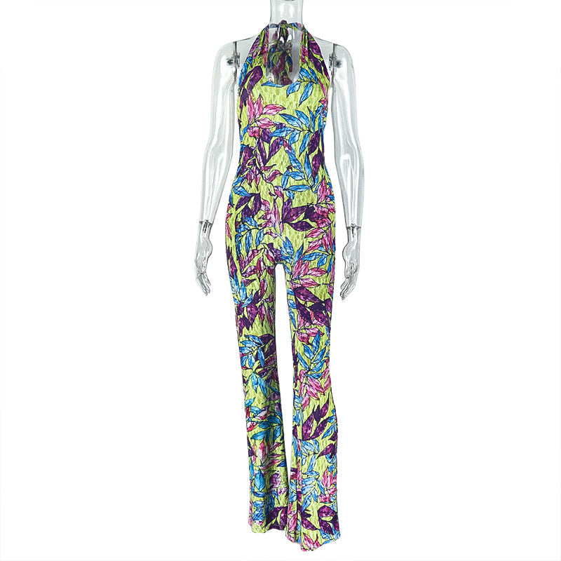 Women Printed Loose Comfortable Fitted Waist Jumpsuit Cross Halterneck Hollow Out Cutout Backless Sexy Jumpsuit