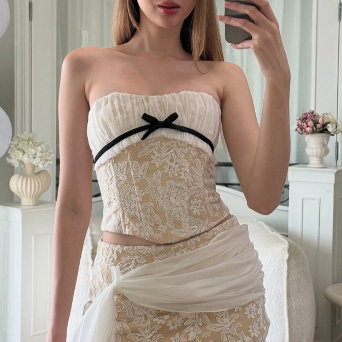 French Sweet Spicy Sexy Stitching Lace Embroidery Sexy Slimming Boning Corset Cropped Tank Top