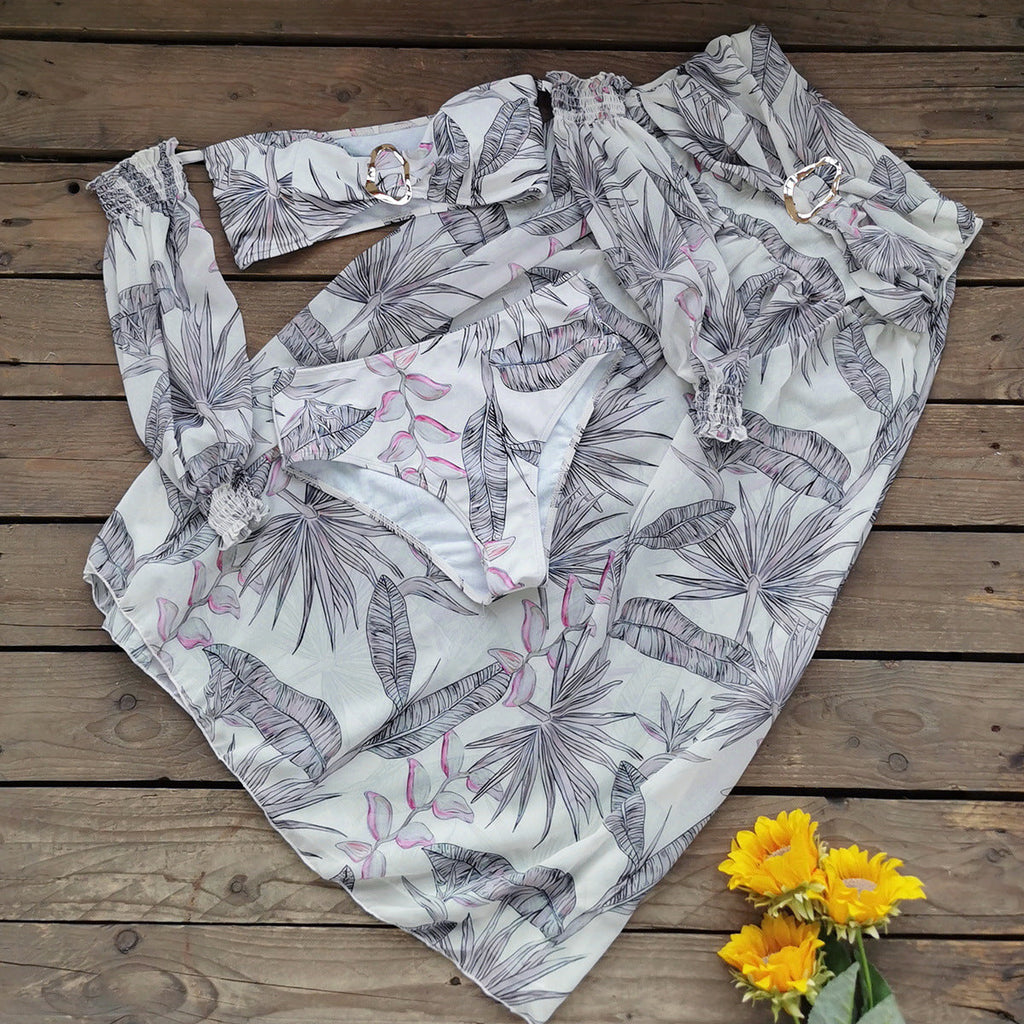 Retro Printed Mesh Long Sleeve Tube Top High Waist Bikini Split Swimsuit Women Skirt Three Piece Sets