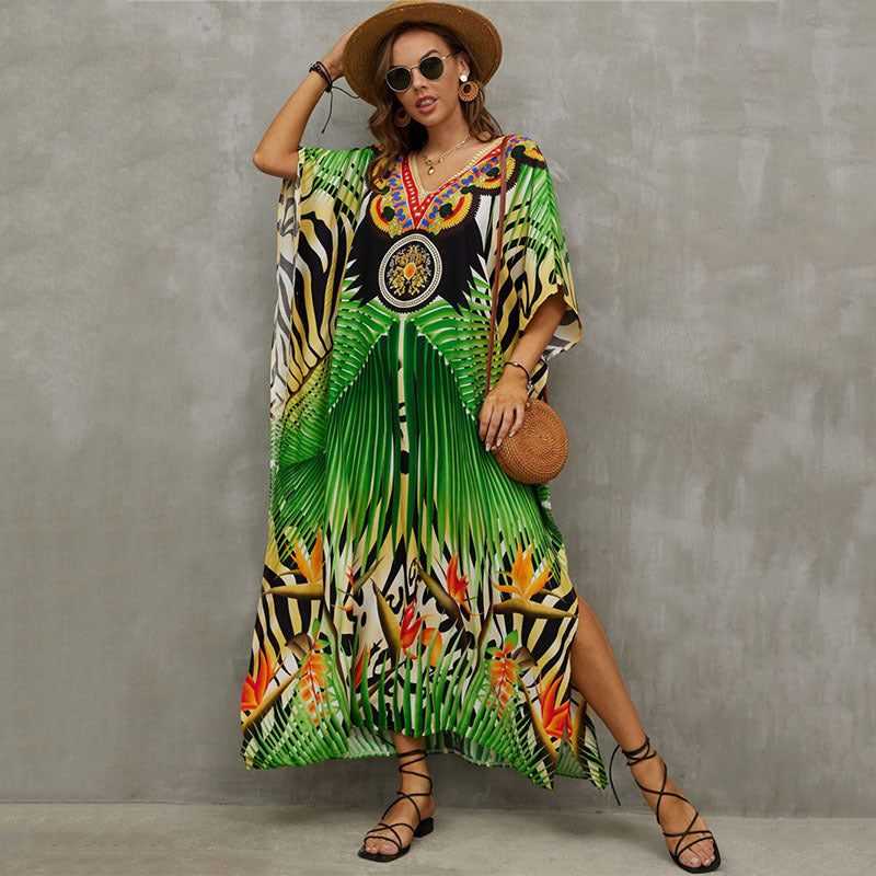 Rayon Positioning Printing Beach Cover Up V Neck Robe Vacation Skirt Bikini Cover