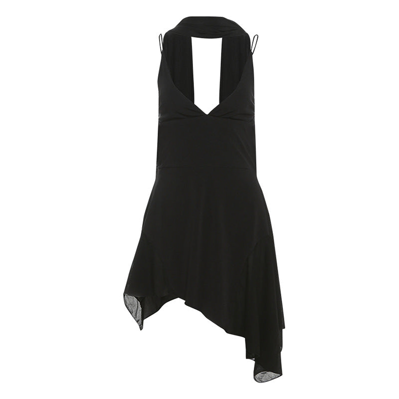 Spring Women Clothing Solid Color Sexy Backless Scarf Collar Slim Fit Slimming Spaghetti Straps Dress Women
