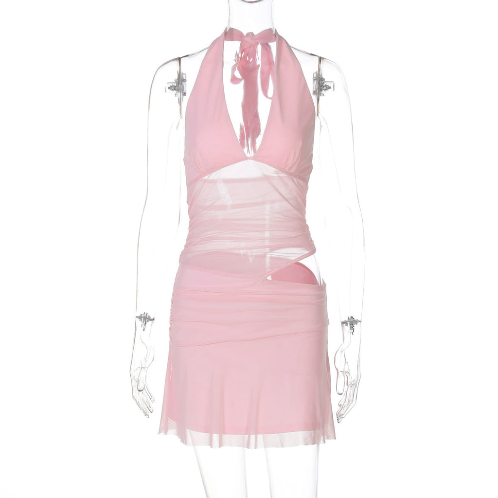 Women Clothing Sexy Deep V Plunge Stitching Mesh Hollow Out Cutout Hip Wrapped Short Halter Dress