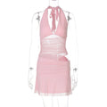 Women Clothing Sexy Deep V Plunge Stitching Mesh Hollow Out Cutout Hip Wrapped Short Halter Dress