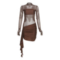 Arrival Autumn Winter Women Sexy Mesh Hollow Out Cutout Pleated round Neck Slim Fit Long Sleeved Dress
