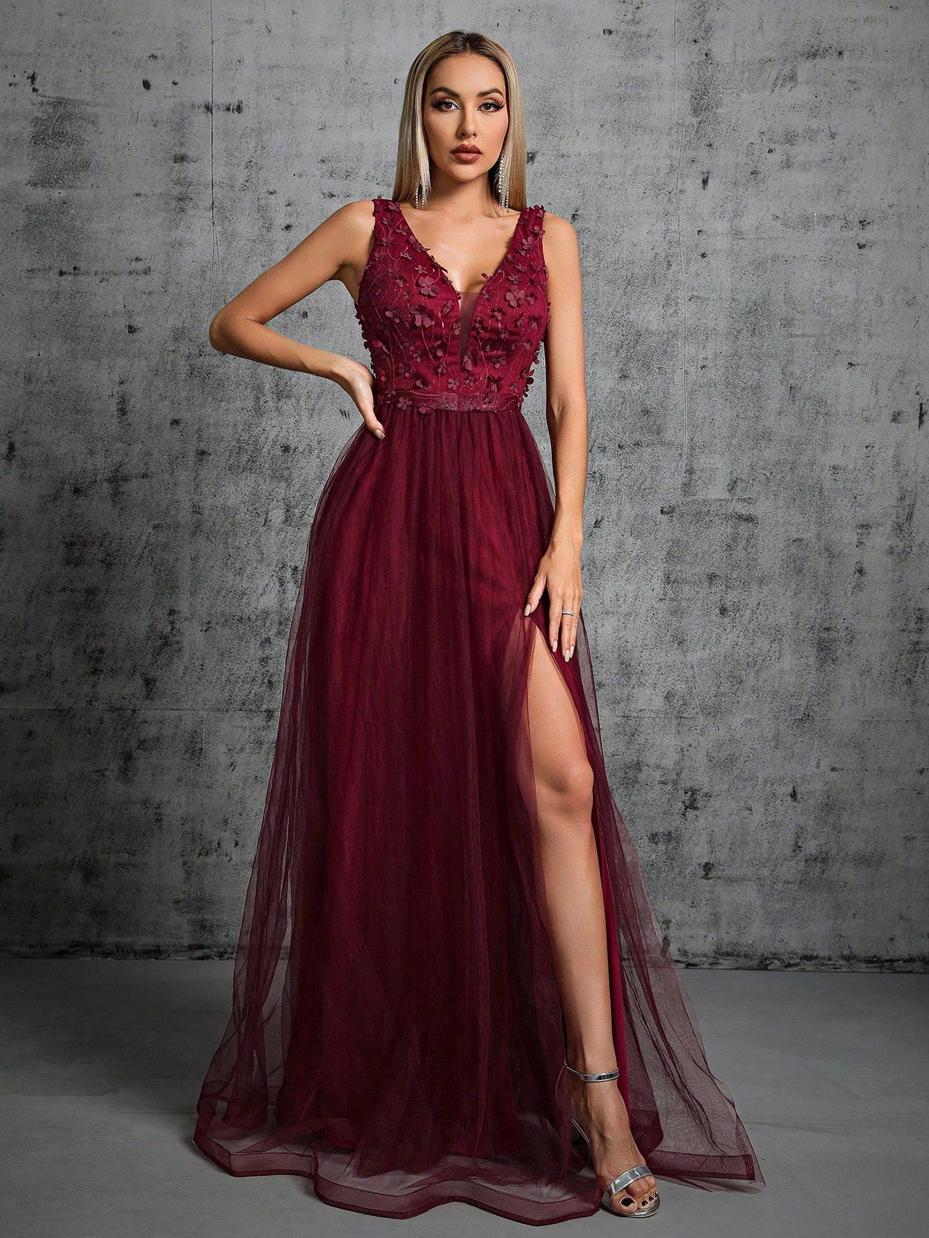 Women Evening Dress Women Chiffon Double V neck Dress Sleeveless A line Large Hem Sequin Stitching Summer