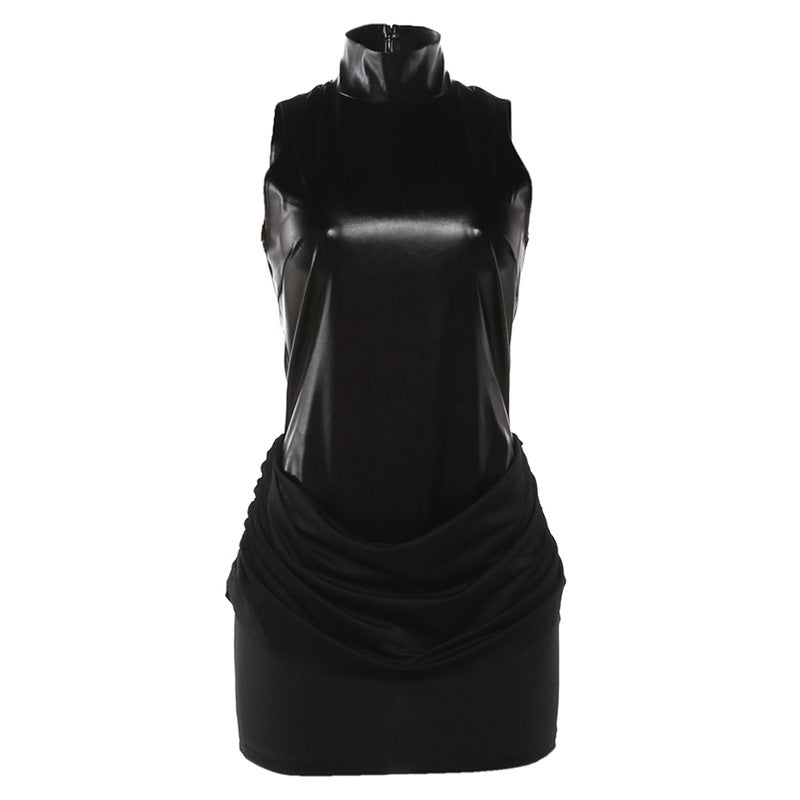 Spring Women Sexy Faux Leather Stitching Ruffle Slim Turtleneck Dress
