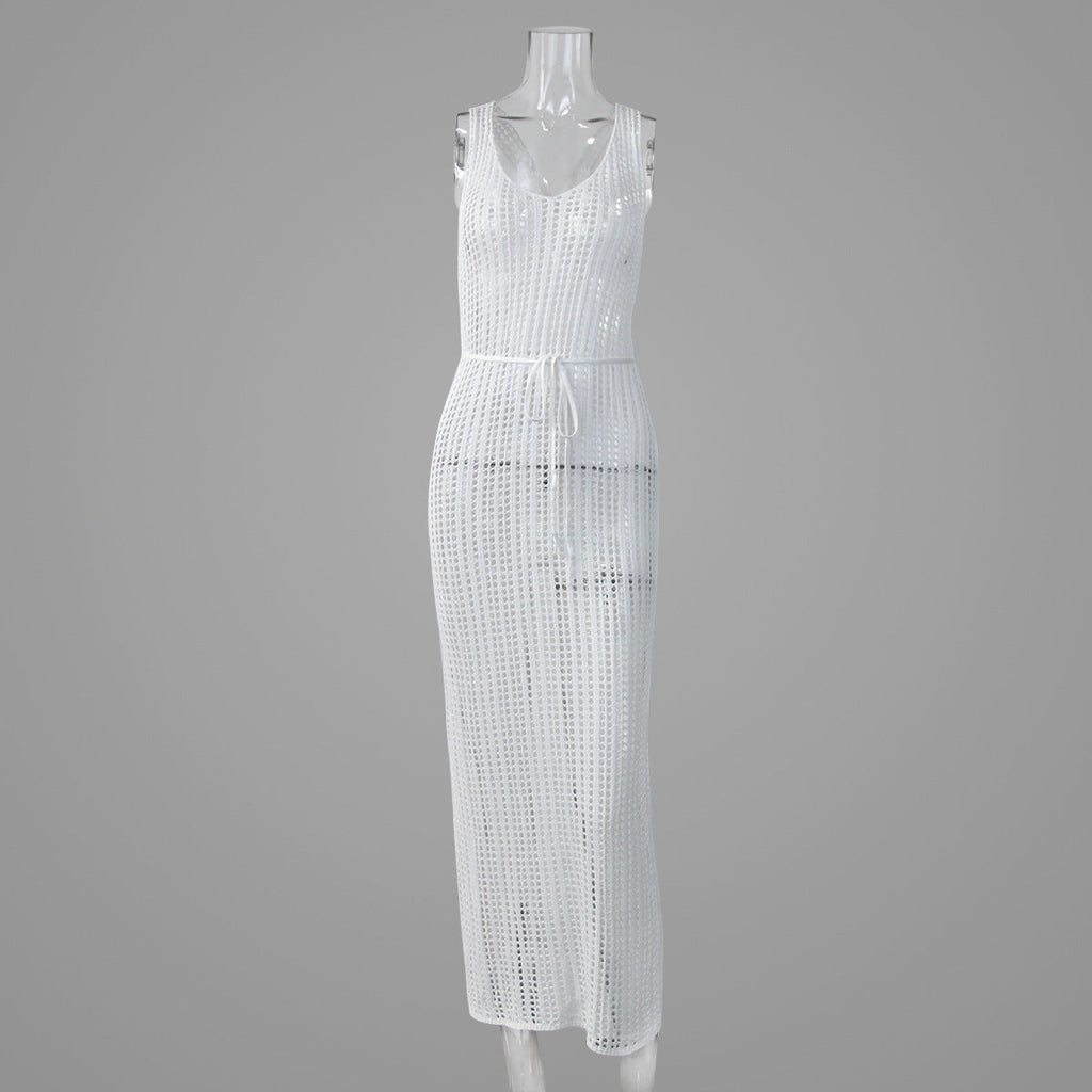 Vacation Beach Blouse Hollow Out Cutout Backless Knitted Dress Women Split Crochet hook