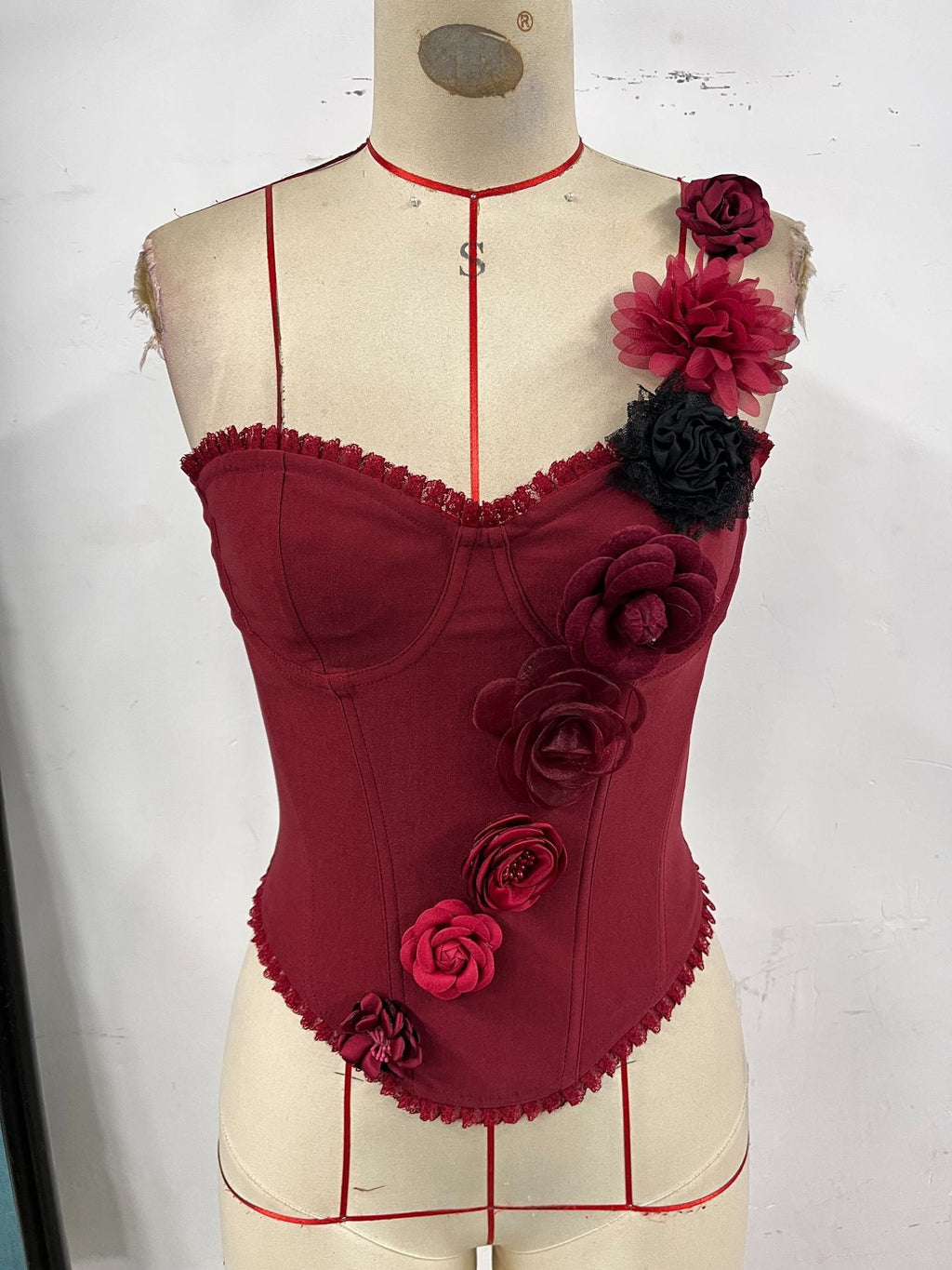 Sexy Street Red Women Three Dimensional Handmade Lace Boning Corset Advanced Tube Top