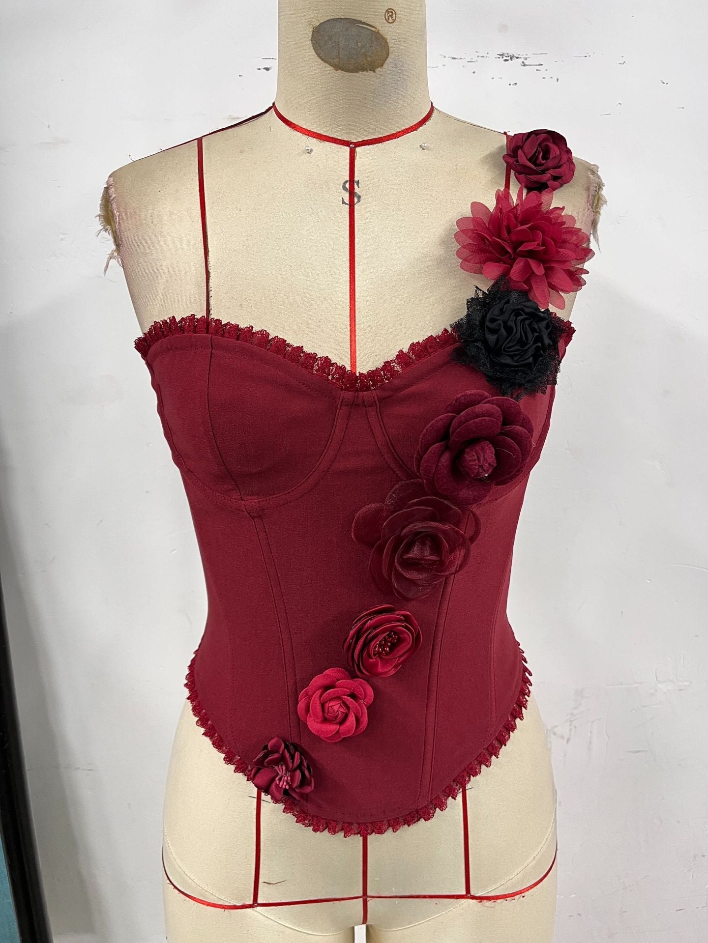 Sexy Street Red Women Three Dimensional Handmade Lace Boning Corset Advanced Tube Top