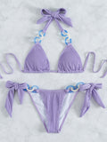 Triangle Bag Side Lace up Ornament Sexy Backless Solid Color Halter Beach Bikini