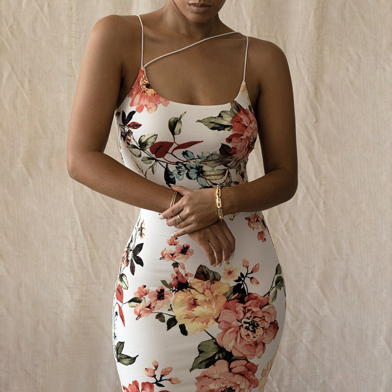Women Floral Printed Sexy Suspender Slim Slimming Elegant Dress Women