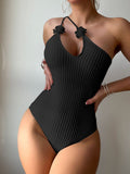 Solid Color One Piece Special Fabric Small Floral Swimsuit Swimsuit Bikini Bikini
