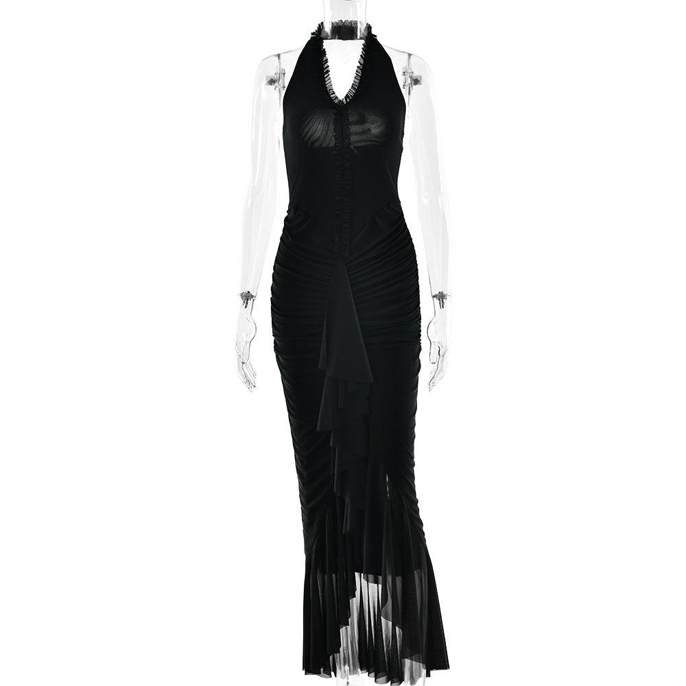 Arrival Sexy Halter Dress Summer Deep V Plunge Ruffled Slit Pleated Dress