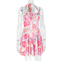 Printing Painted Women Sexy Backless A line Halterneck off-Shoulder Short Dress