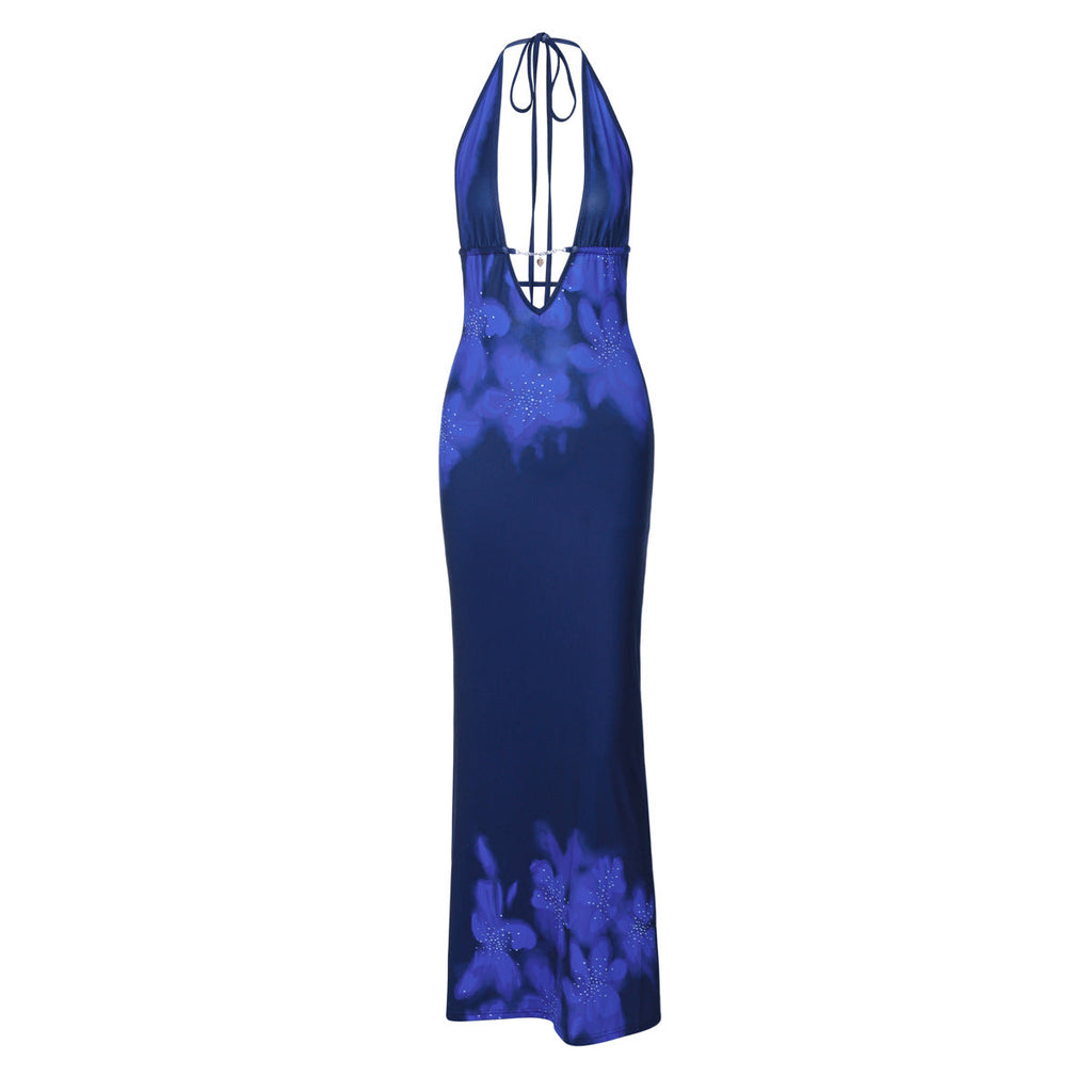 Women Clothing Autumn Printed Sexy Backless Slim Fit Split Lace up Dress