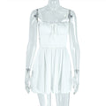 Simple Women Pleated Solid Color A line Dress Backless Lace up Boat Neck Short Dress