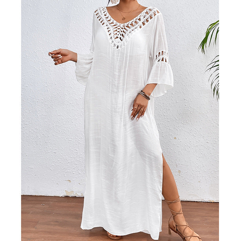 Women Clothing Hand Crocheting Stitching Colorful Ball Sexy Hollow Out Cutout out Backless Loose Beach Long Overskirt