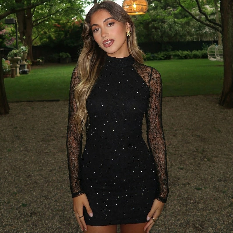 Women Winter Sexy Slim Lace Rhinestone Sheath Long Sleeve Dress