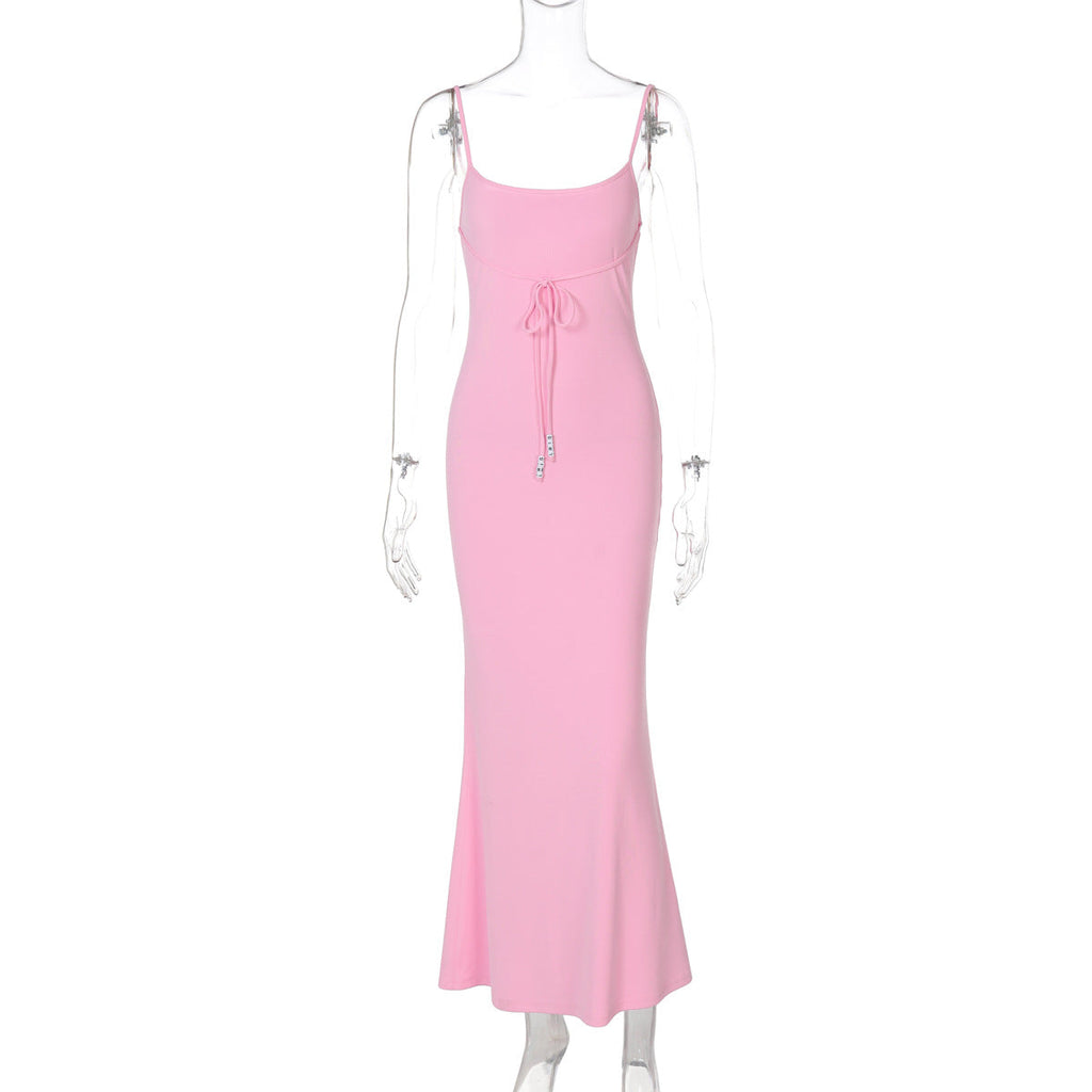 Women Clothing Summer Pure Sexy Solid Color off Neck Waist Slimming Sling Dress