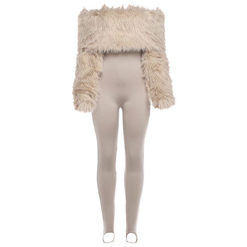Autumn Winter Women Clothing Sexy Plush Stitching High Waist Slim Solid Color Jumpsuit