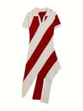 Slim Fit Knitted Dress Collared Polo Collar Tassel Striped Color Matching Personality Short Sleeve Dress