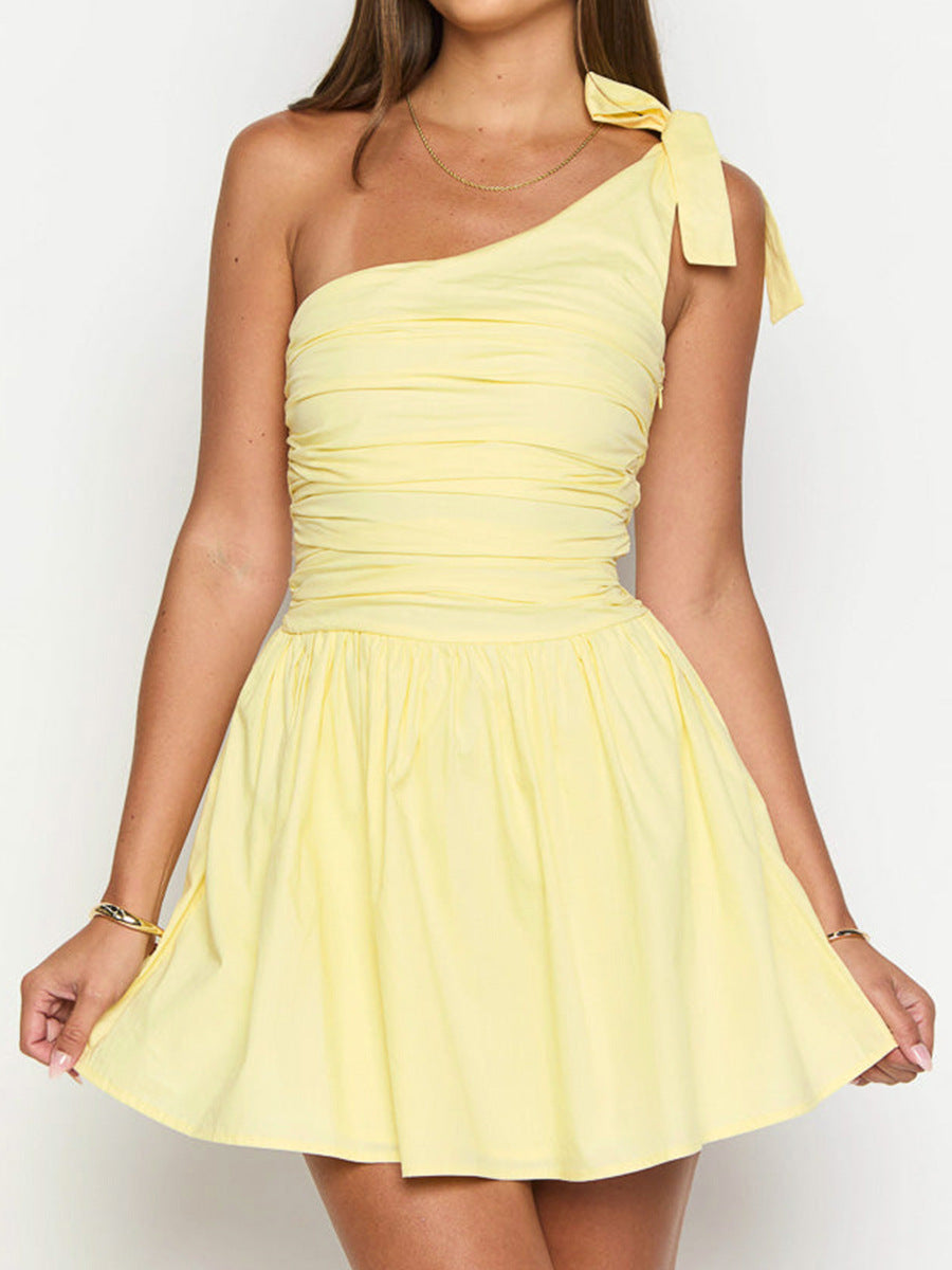 Women Wear Oblique Shoulder Bow Pleated Slim Summer Dress Women Yellow Sweet Spicy Dress