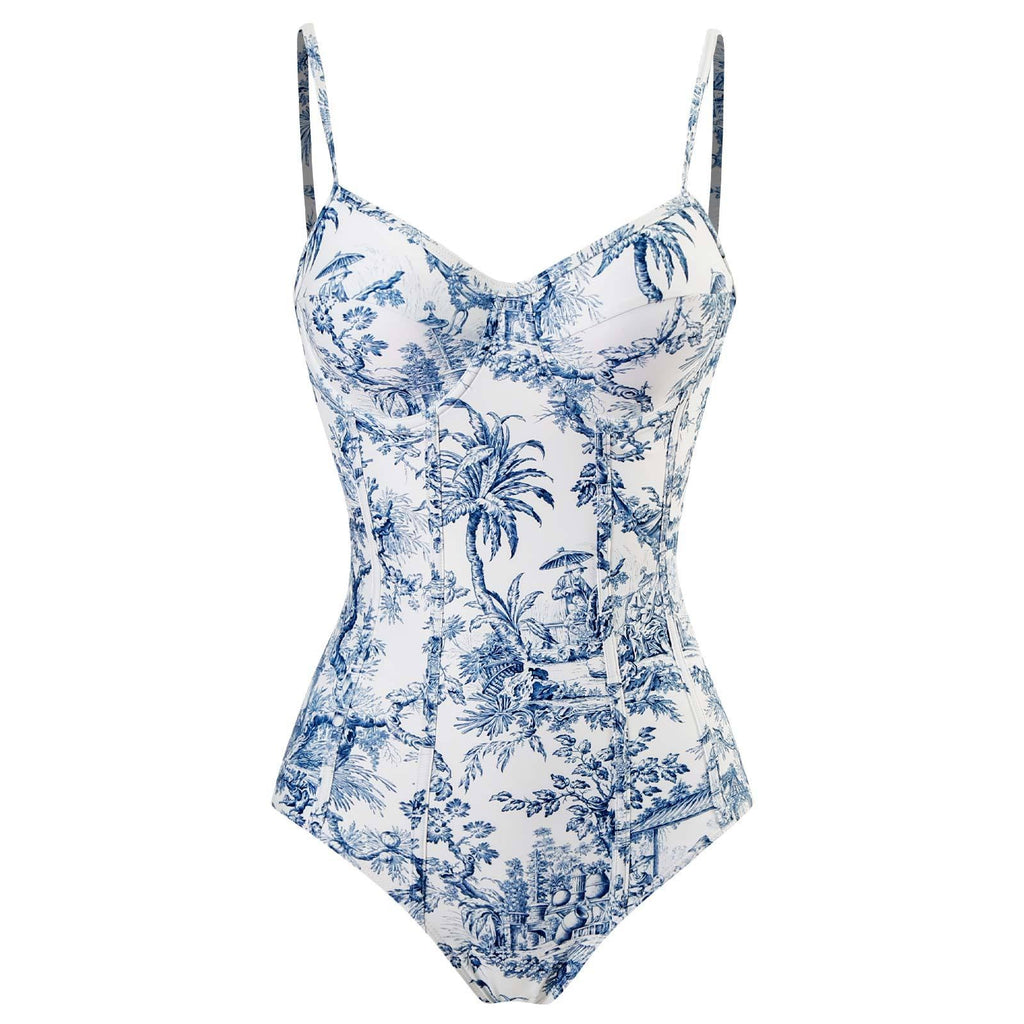 One Piece Swimsuit Women Conservatively Thin Vintage Printed Chiffon Dress with Steel Bracket Hard Bag Swimsuit
