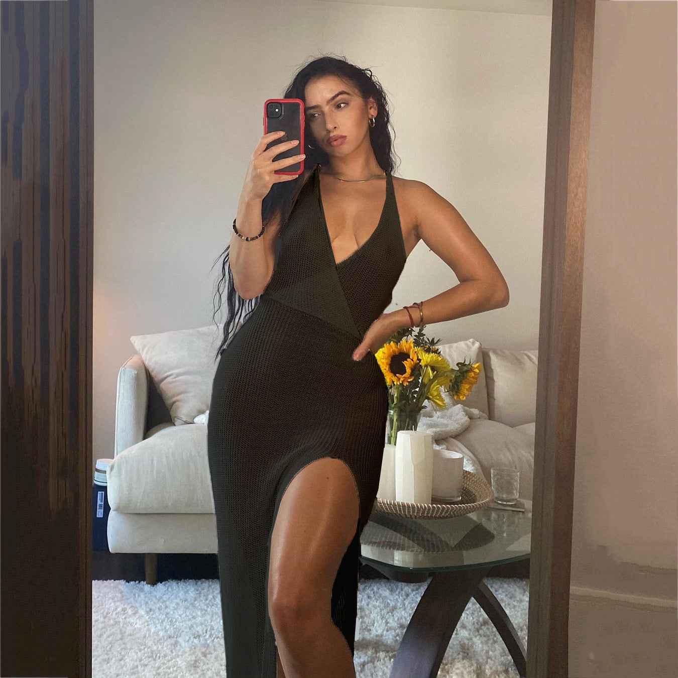Sexy V neck Backless Lace up See through Beach Dress Bikini Smock Dress Strap Dress for Women Crochet hook Crochet hook Crochet hook
